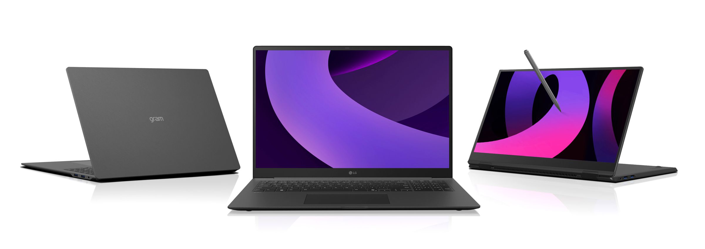 Three of LG’s Gram and Gram Pro laptops against a white background.