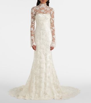 Bridal Adena Floral Lace-Trimmed Wool and Silk Gown