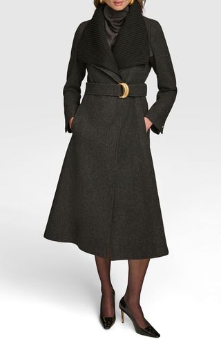 Rib Belted Wool Blend Wrap Coat With Bib