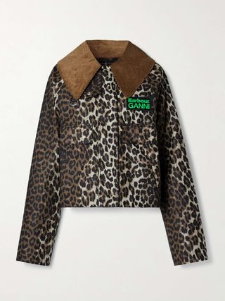 + Ganni Cotton Corduroy-Trimmed Leopard-Print Waxed-Organic Cotton Jacket