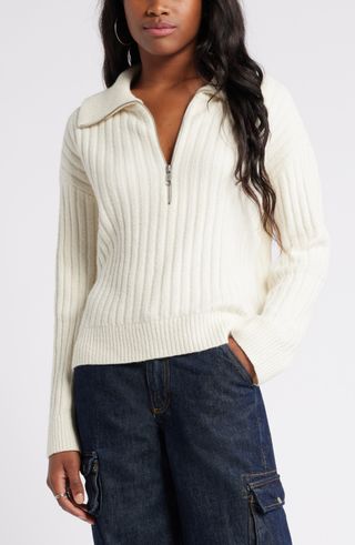 Quarter Zip Cotton Blend Rib Sweater