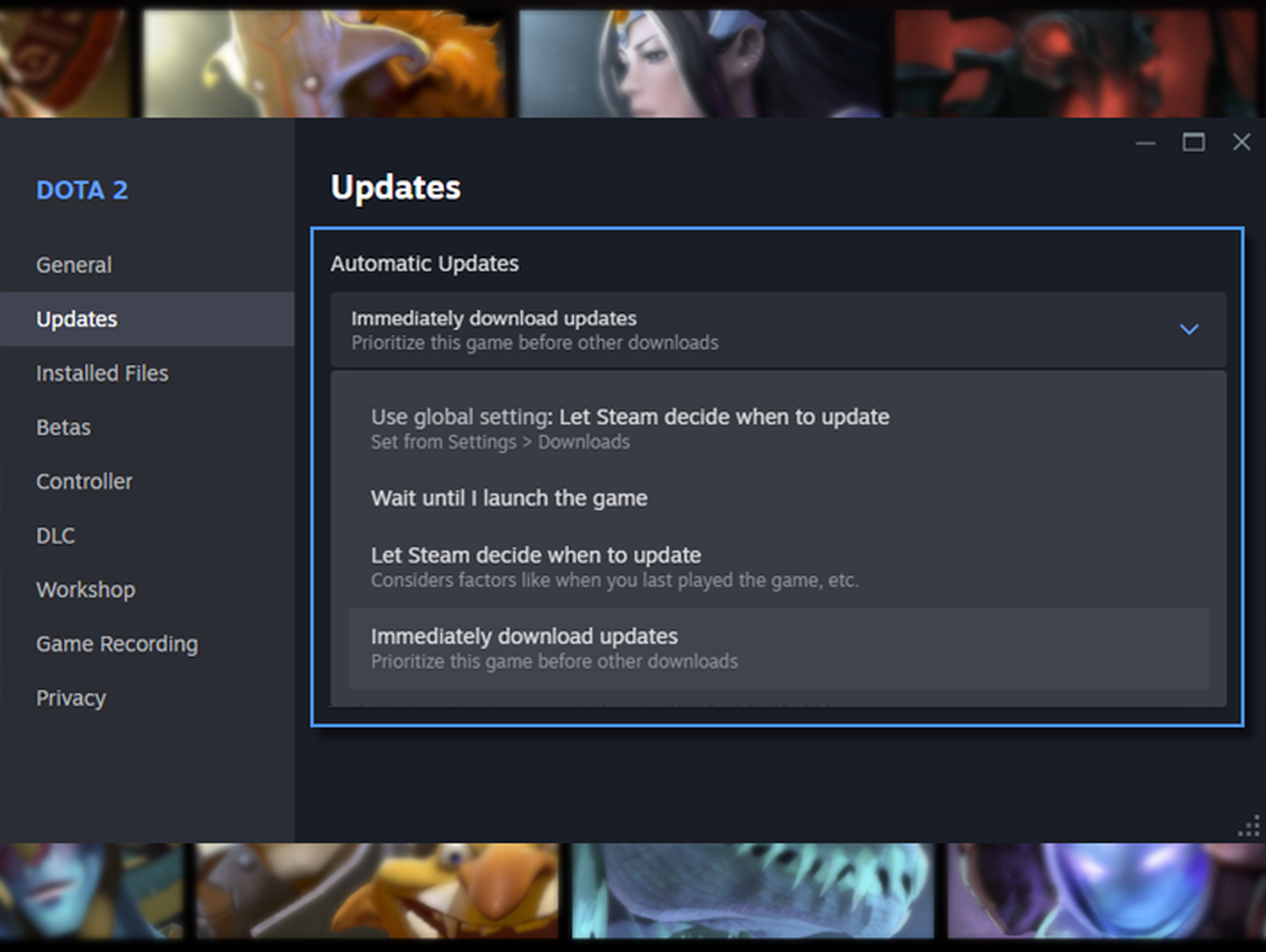 A screenshot showing Steam’s Update settings.