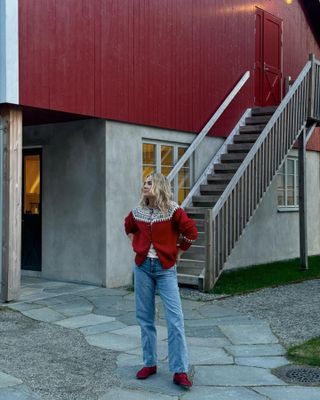 Influencer wears a fair isle cardigan