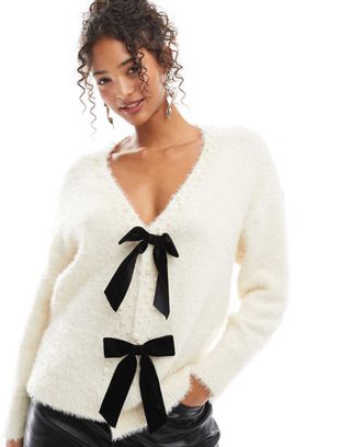 Lovedrobe Velvet Bow Cardigan in White