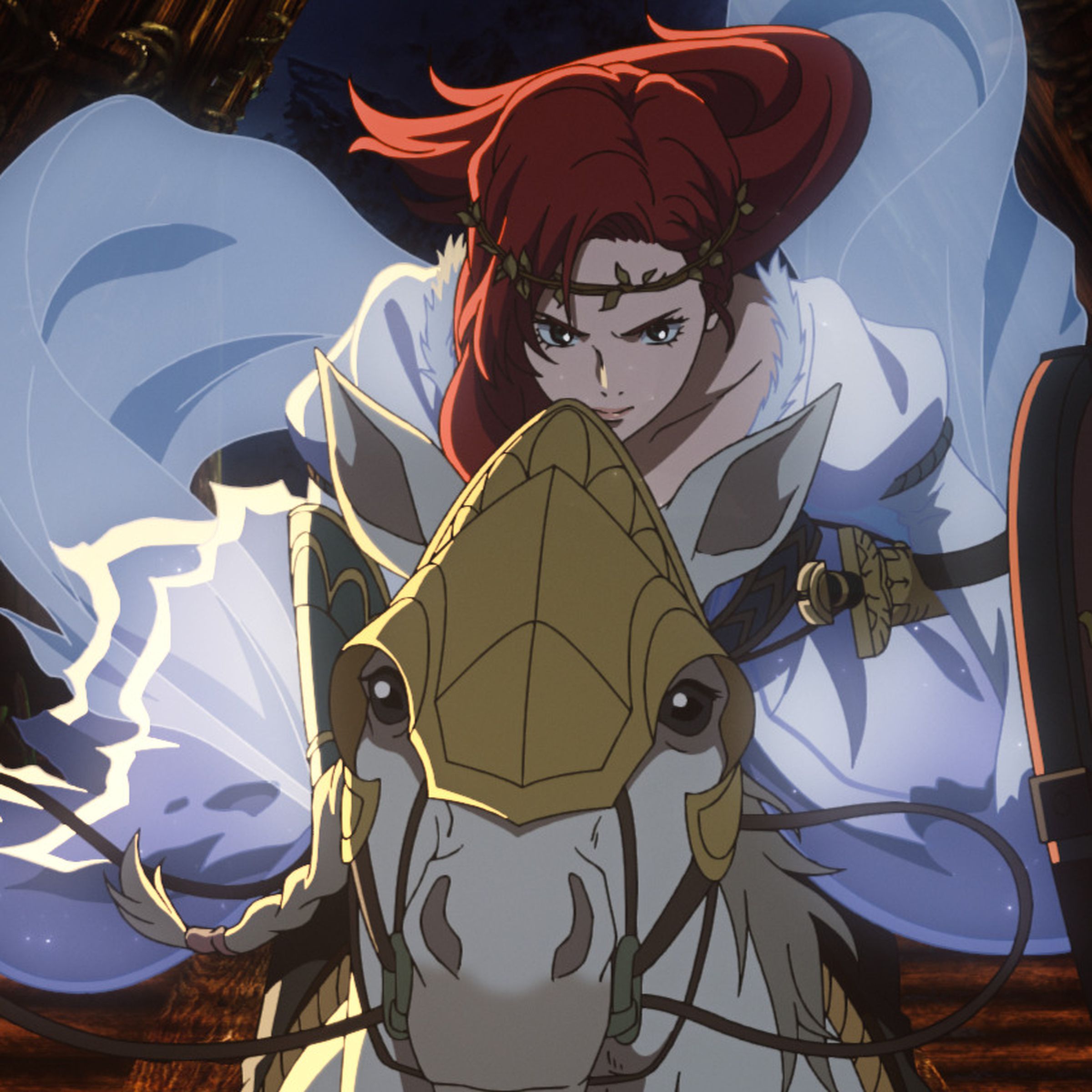 A red-haired woman wearing a wedding dress and a circlet as she charges into battle on the back of a horse.