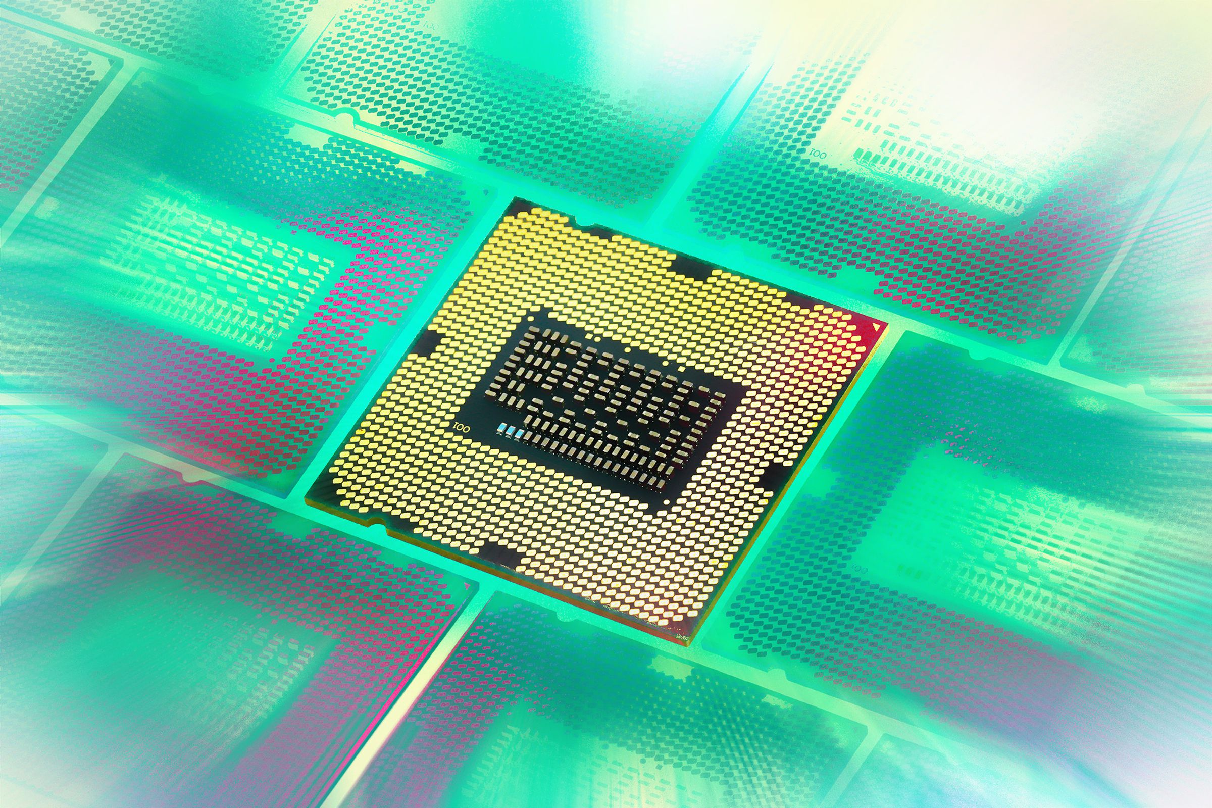 Illustrations of a grid of processors seen at an angle with the middle one flipped over to show the pins and the rest shrouded in a green aura