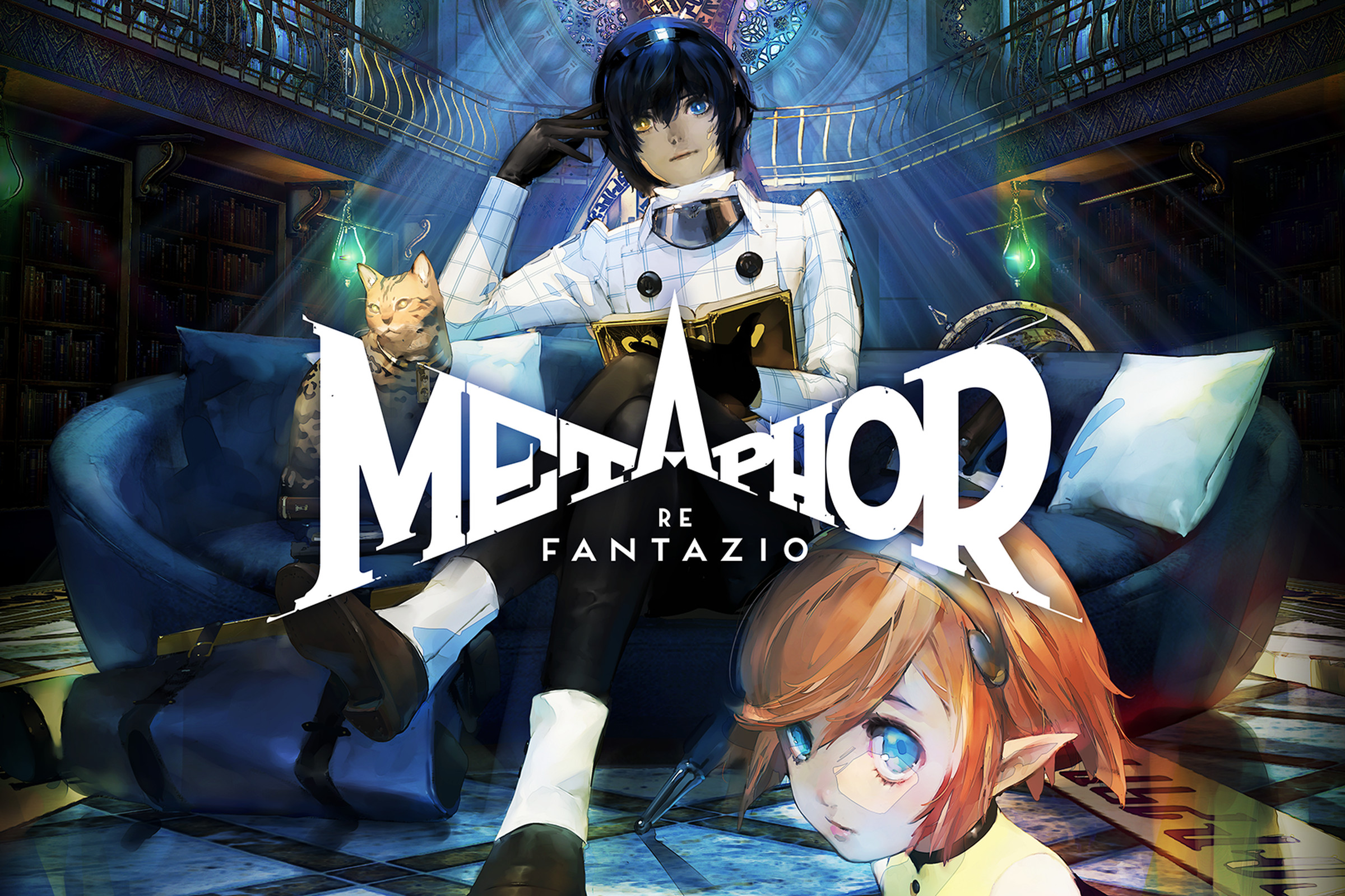 Key art from Metaphor: ReFantanzio featuring a blue haired boy wearing a white coat sitting on a throne behind the text “Metaphor: ReFantanzio” with a small woman with red hair in the foreground.