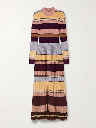 Evangeline Striped Pleated Metallic Knit Turtleneck Maxi Dress