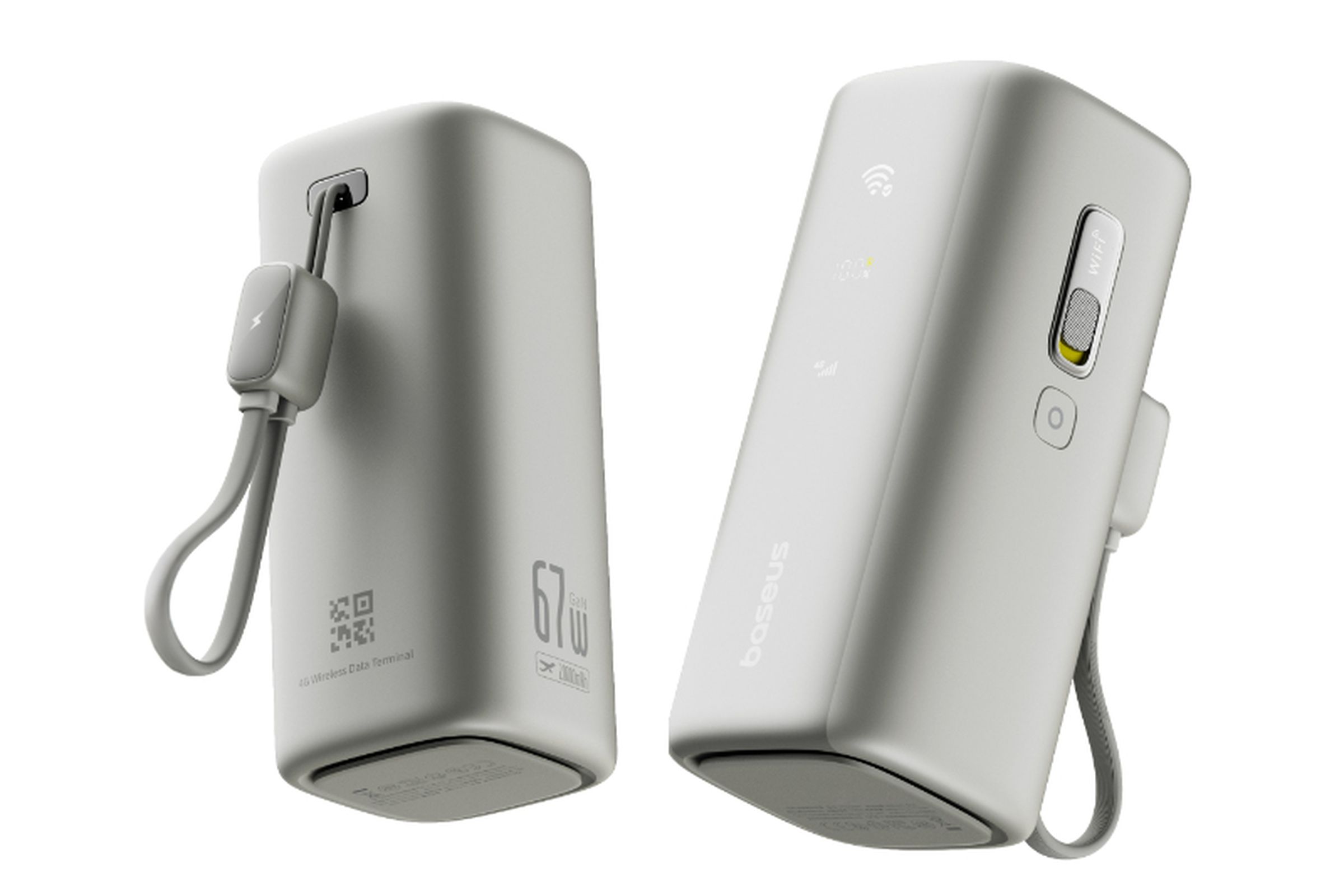 Two images showing Baseus’ EnerGeek 4G MiFi Power Bank from different angles against a white background.