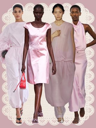 Runway collage of models wearing the bubblegum pink 2025 color trend.