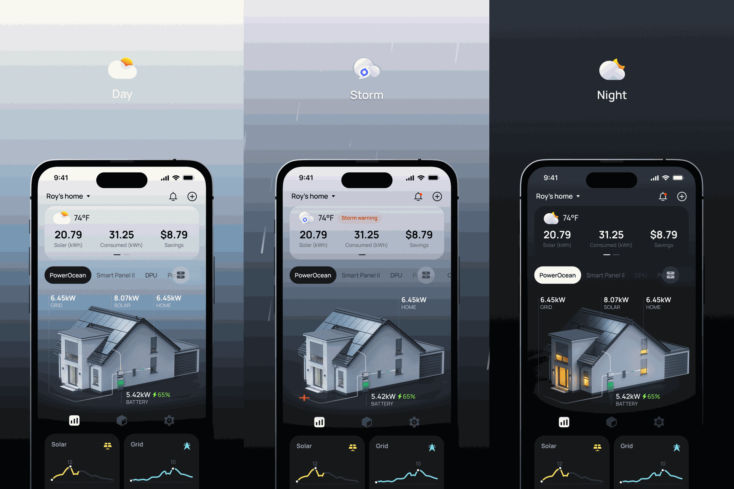 Screenshots from the EcoFlow app, showing how Oasis provides an overview of your home’s energy use.