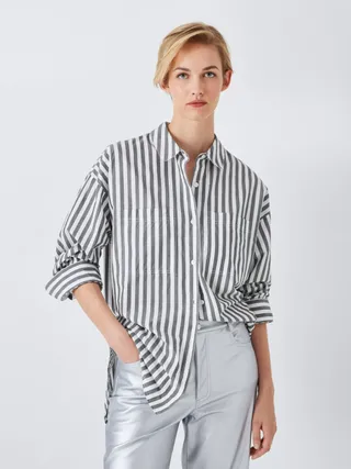 John Lewis Anyday Patch Pocket Stripe Shirt, Grey/white