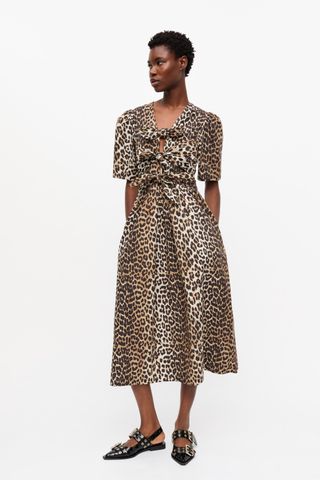 Leopard Printed Cotton Tie Strap Midi Dress