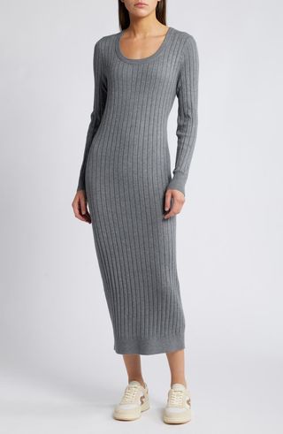 Scoop Neck Long Sleeves Rib Sweater Dress