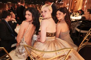 Kylie Jenner, Elle Fanning, Monica Barbaro during the 82nd Annual Golden Globes held at The Beverly Hilton on January 05, 2025 in Beverly Hills, California.