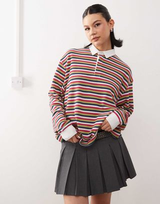 Collusion Oversized Rugby Polo Top in Multi Stripe