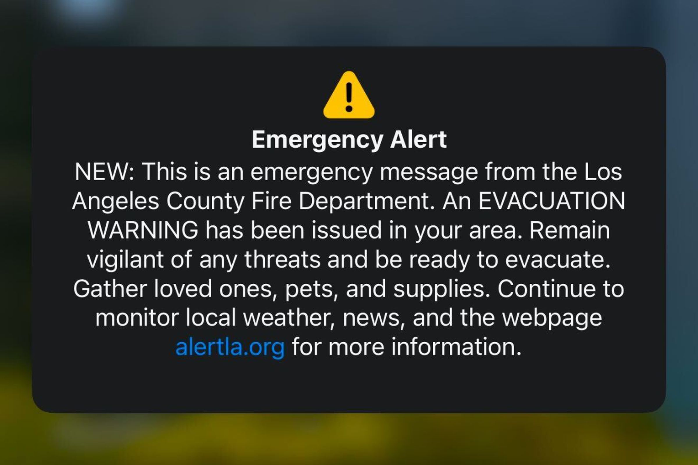 A wireless emergency alert received by people in LA County that was inadvertently sent to everyone instead of people in just one area.